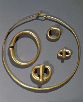 Gold collar, ring, belt buckles and bracelet, from princely burial of Germanic warrior Gold collar, ring, belt buckles and bracelet, from princely burial of Germanic warrior