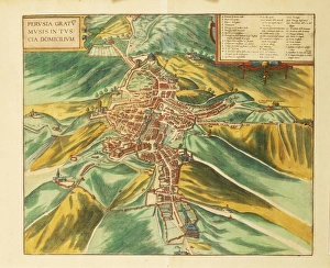 Map of Perugia from Civitates Orbis Terrarum by Georg Braun, 1541-1622 and Franz Hogenberg, 1540-1590, engraving Map of Perugia from Civitates Orbis Terrarum by Georg Braun, 1541-1622 and Franz Hogenberg, 1540-1590, engraving
