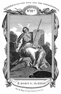 Moses with the tablets inscribed with the Ten Commandments. Bible Exodus 34. Copperplate