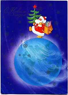 Santa Claus with Christmas fir trees in his hand and mail bag on his shoulder walking Santa Claus with Christmas fir trees in his hand and mail bag on his shoulder walking